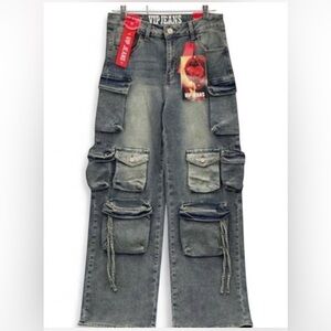 VIP Jeans Womens Cargo Wide Leg Denim Pants Blue Faded 9/29